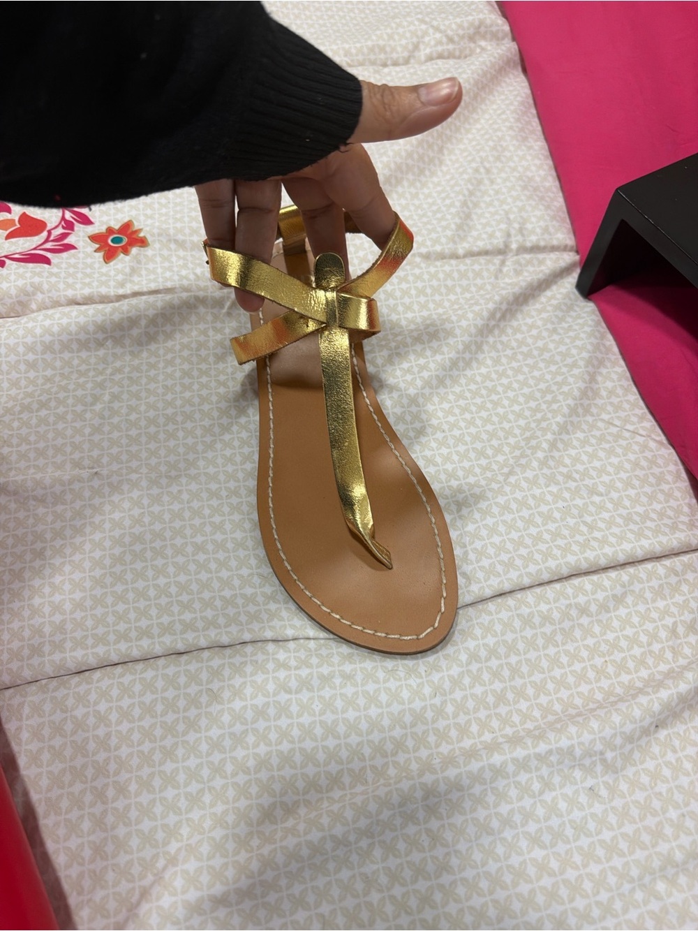 ZARA Metallic Gold Leather T-Strap Sandals - Picture 2 of 3